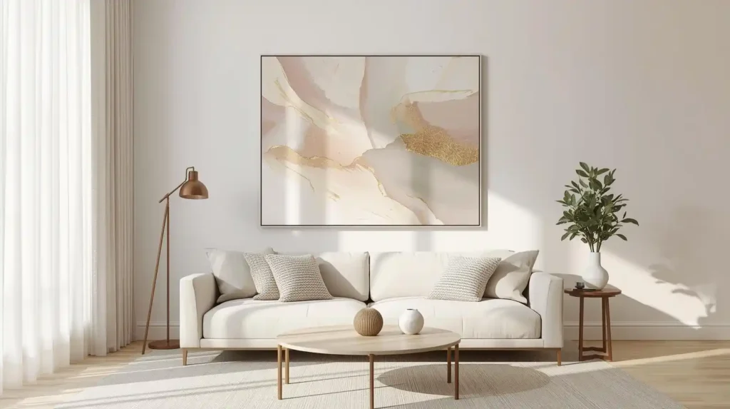 Large gold and blush abstract painting above a cream sofa, highlighting functional modern home accessories that create a focal point