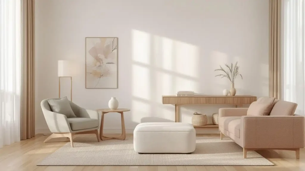 Warm minimalist lounge with a sleek sofa, low wooden table, and tripod lamp, showing how to avoid overcrowding the room