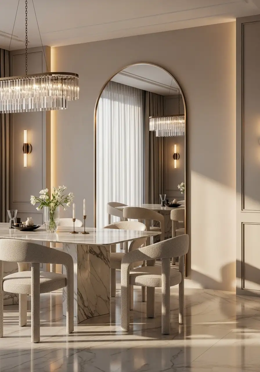 A luxury dining room featuring a large floor-to-ceiling arched mirror with a thin gold frame. The mirror reflects a crystal chandelier and a white marble dining table with modern curved chairs, making the small space feel larger and brighter.
