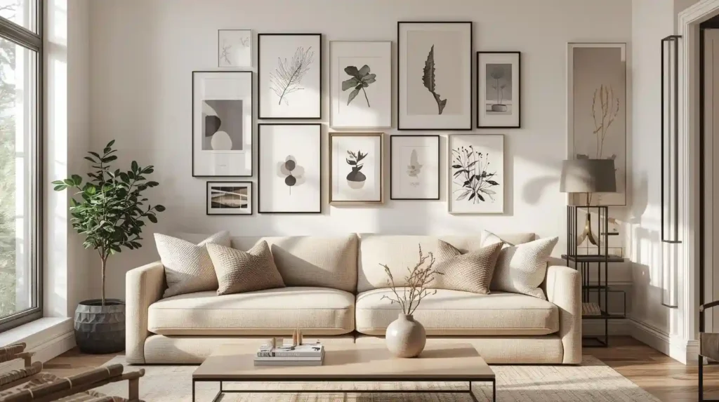 Modern beige sofa with a large curated gallery wall featuring botanical and abstract art for trendy living room decor ideas