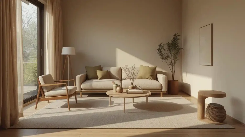 Warm minimalist lounge with a sleek sofa, low wooden table, and tripod lamp, showing how to avoid overcrowding the room