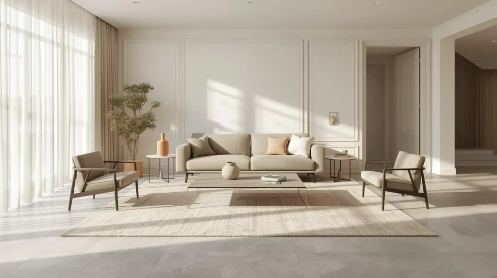 Spacious living room with a beige sofa and slim-profile chairs, illustrating how to balance furniture and negative space for better flow