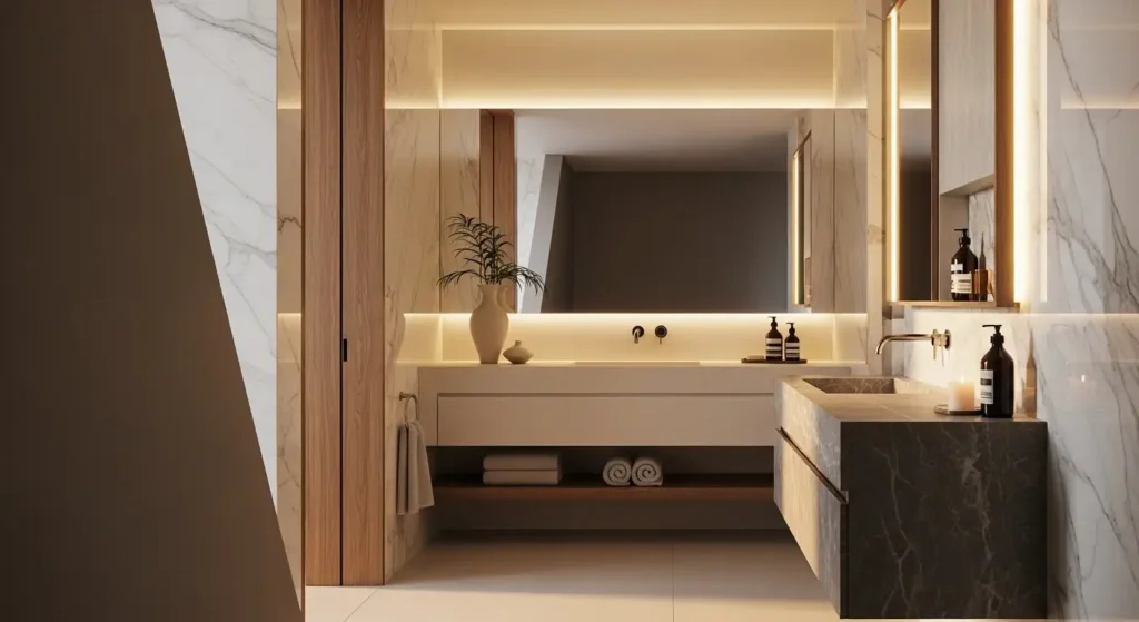 Luxury bathroom wall decor ideas with minimalist floating shelves, marble textures, and elegant LED wall lighting in a contemporary spa-style bathroom design