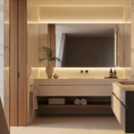 Luxury bathroom wall decor ideas with minimalist floating shelves, marble textures, and elegant LED wall lighting in a contemporary spa-style bathroom design