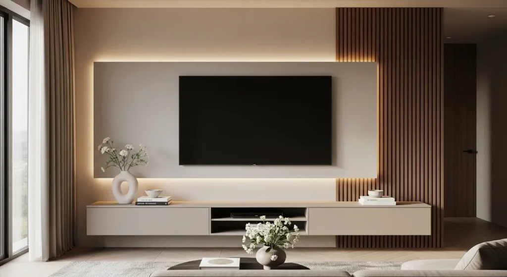 Modern minimalist Best TV Wall Decor Ideas featuring a sleek floating unit, warm LED backlighting, and a vertical wooden slat accent panel in a contemporary living room
