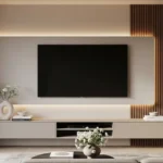 Modern minimalist Best TV Wall Decor Ideas featuring a sleek floating unit, warm LED backlighting, and a vertical wooden slat accent panel in a contemporary living room