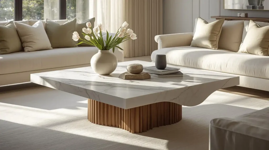 Modern marble coffee table with a fluted wooden base and white tulips, showcasing minimalist spring home decor trends