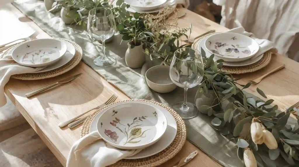 Garden-inspired table setting with eucalyptus greenery, woven chargers, and floral ceramic plates, showcasing spring table decor ideas