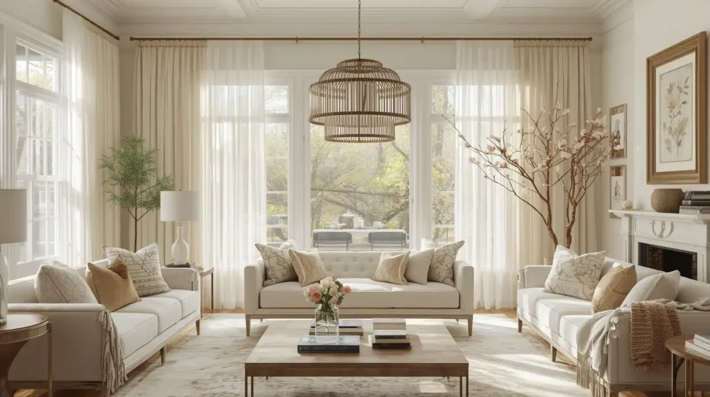 Airy living room with sheer curtains and a rattan chandelier, featuring modern living room decorating ideas for a bright spring feel.