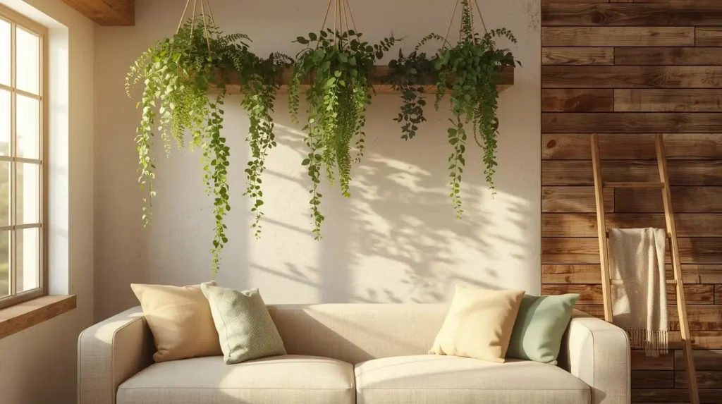 Sunlit lounge with lush hanging ivy above a beige sofa, illustrating cozy rustic interior styling with natural greenery.