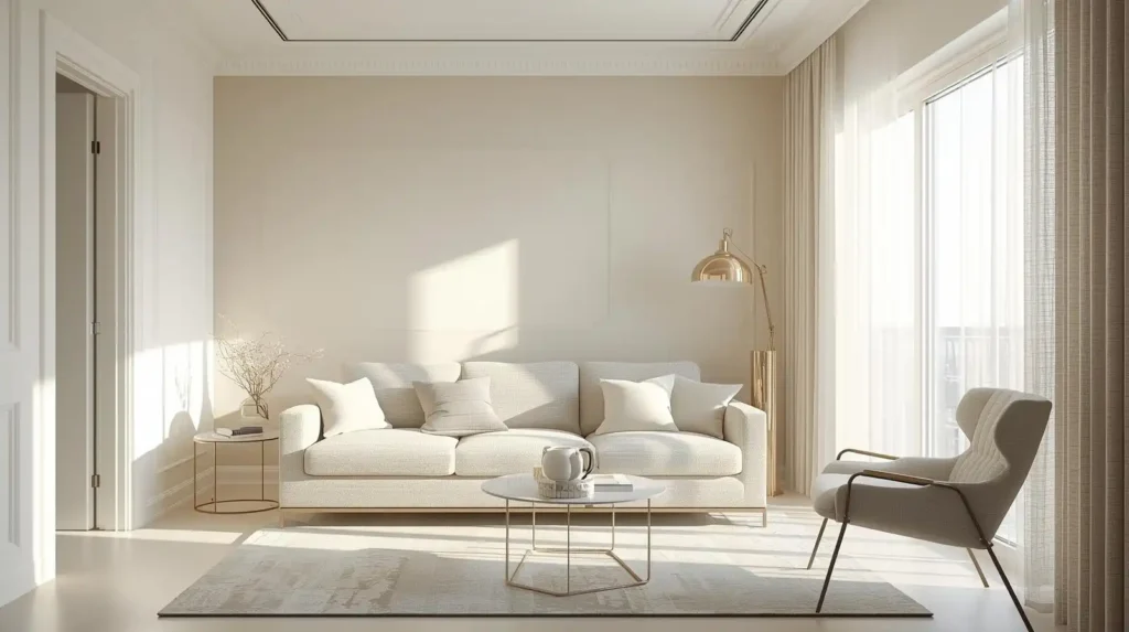Sunlit lounge with off-white sofa and neutral decor, showing how to expand space visually in living room using light colors.