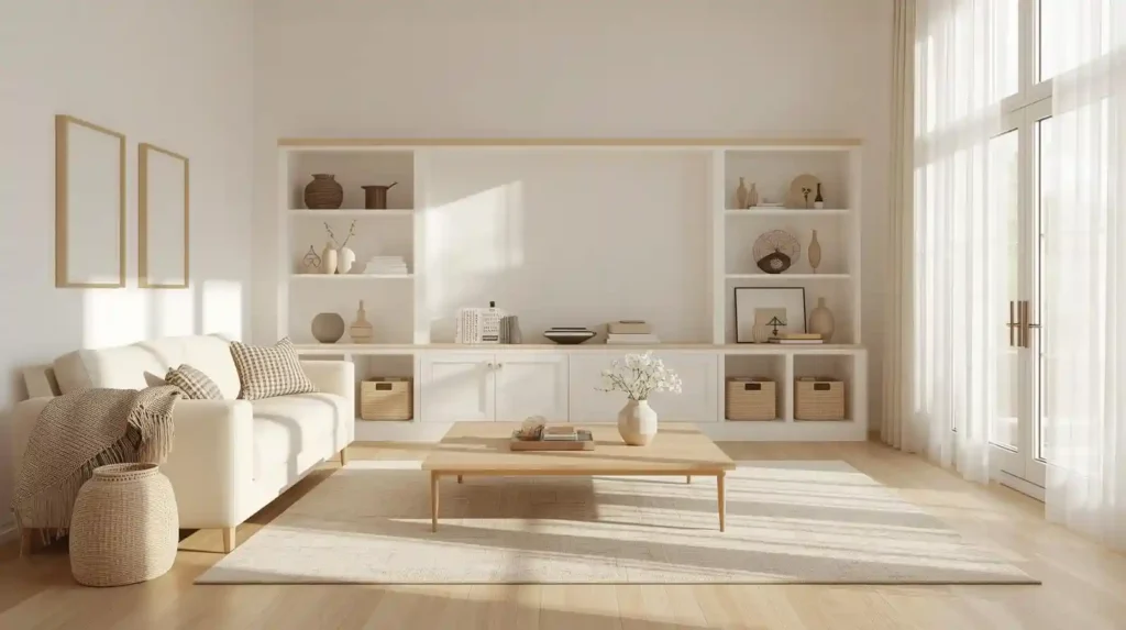 Modern minimalist beige sofa with a large white built-in entertainment center, illustrating contemporary living room aesthetics for a trendy home