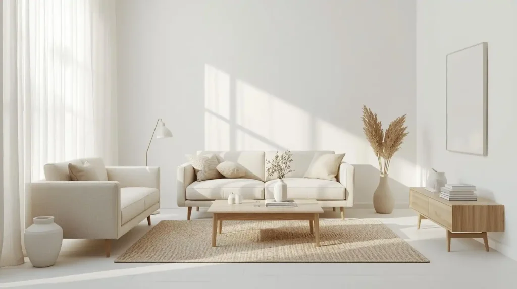 Bright airy lounge with light beige sofas and wooden coffee table, demonstrating visual weight in living room design