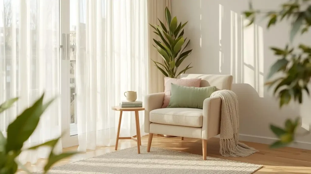 Sunlit reading nook with a cozy cream armchair and pastel pillows, featuring relaxing spring living room decor ideas by a window.