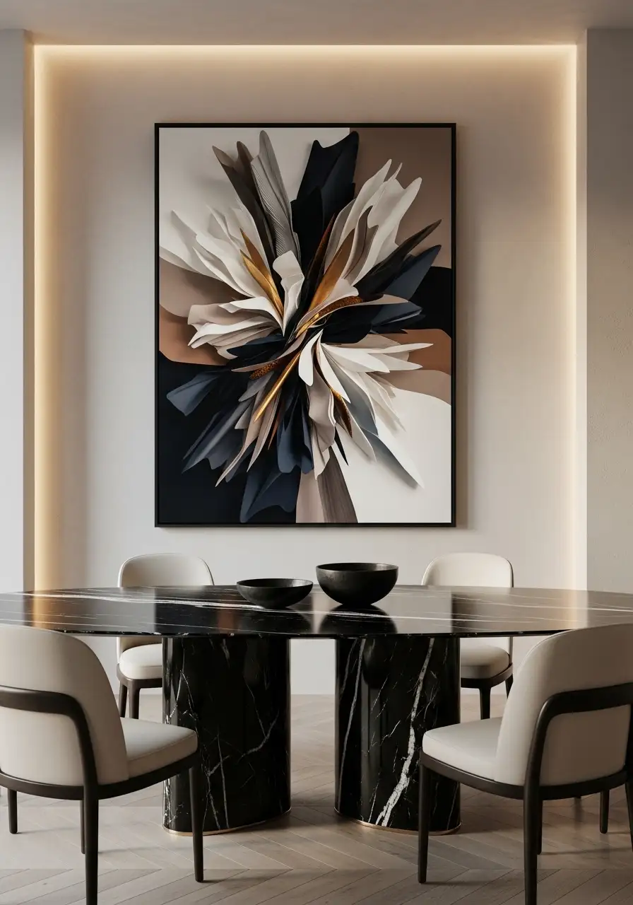 Modern dining room wall decor idea showing an oversized statement art piece. The large-scale abstract painting creates a luxury focal point, enhanced by elegant wall lighting and minimalist furniture, giving the space an expensive, designer-inspired feel.
