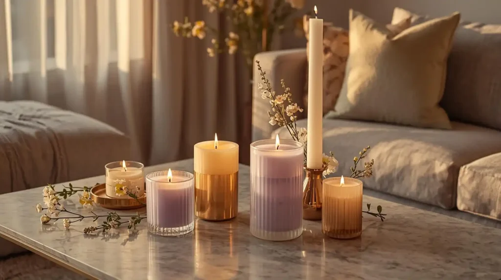 Aesthetic scented candles in purple and gold jars on a marble table, showcasing cozy spring home decor for a warm ambiance