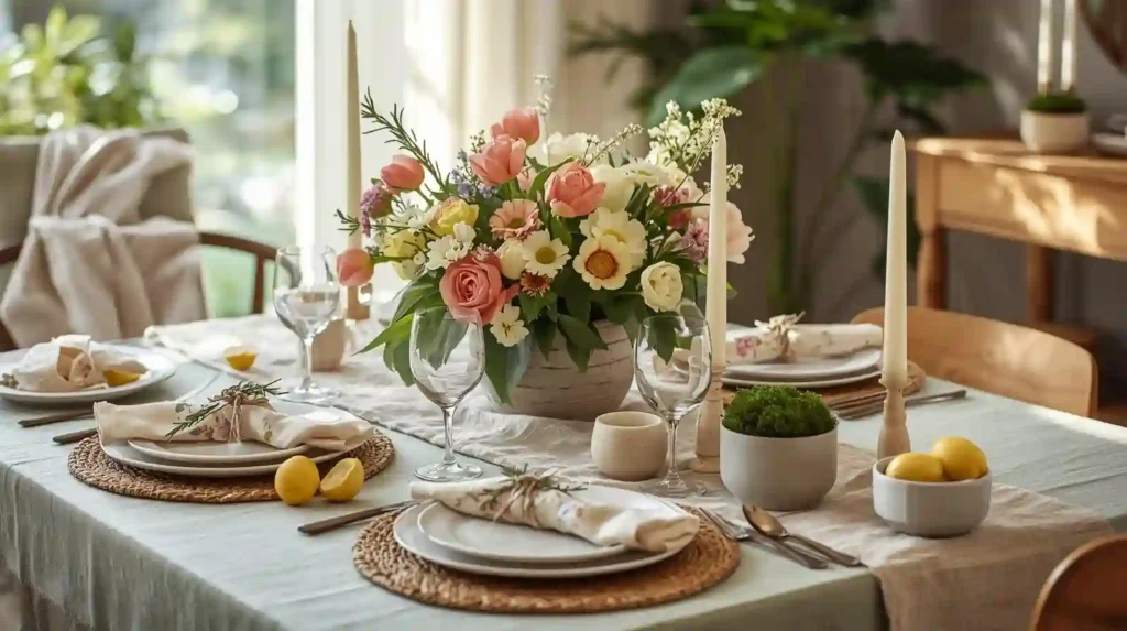 Elegant dining table with pink rose centerpieces, tapered candles, and lemon accents, illustrating vibrant spring table decor ideas