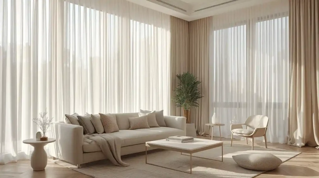 Sun-drenched living room with floor-to-ceiling sheer curtains and beige sofa, showcasing easy home makeover tips for a bright trendy look