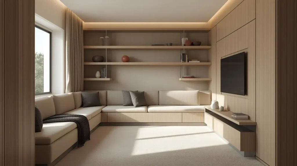 Custom built-in U-shaped sectional with wooden wall shelving, demonstrating perfect furniture scale in the living room for a balanced look