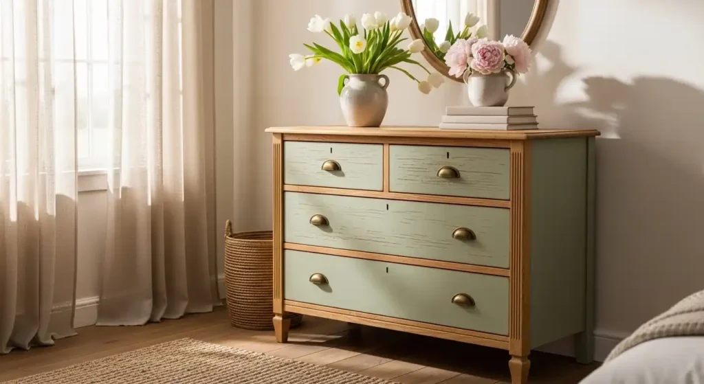 Sage green rustic dresser with white tulips and pink peonies, illustrating vintage-inspired spring decorating in a sunlit bedroom
