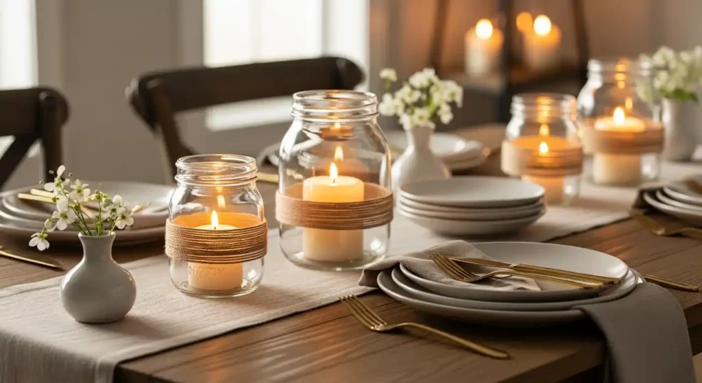 Twine-wrapped mason jar candles on a linen runner with white wildflowers, illustrating cozy rustic interior styling for a spring dinner