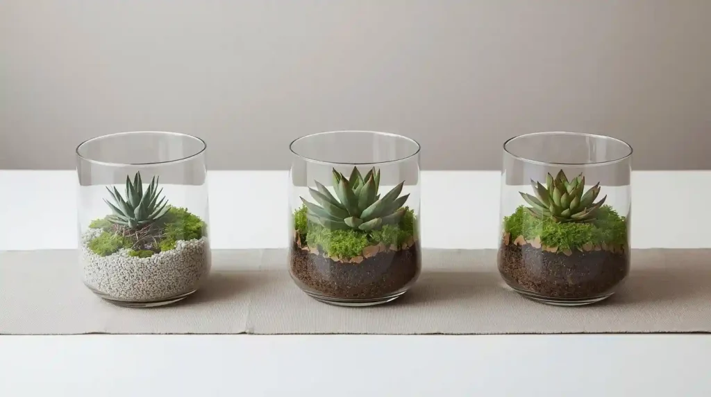 Three glass succulent terrariums with moss and decorative stones on a grey runner, illustrating garden-inspired dining table styling