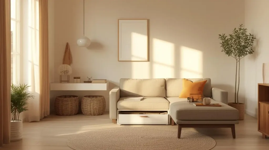 Modern sofa with hidden storage drawer and woven baskets, showing smart living room hacks for small spaces to keep it organized