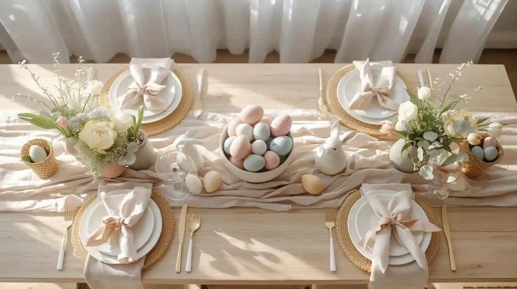 Neutral Easter tablescape with pastel eggs, bunny decor, and white floral centerpieces, showcasing Easter and spring brunch decor