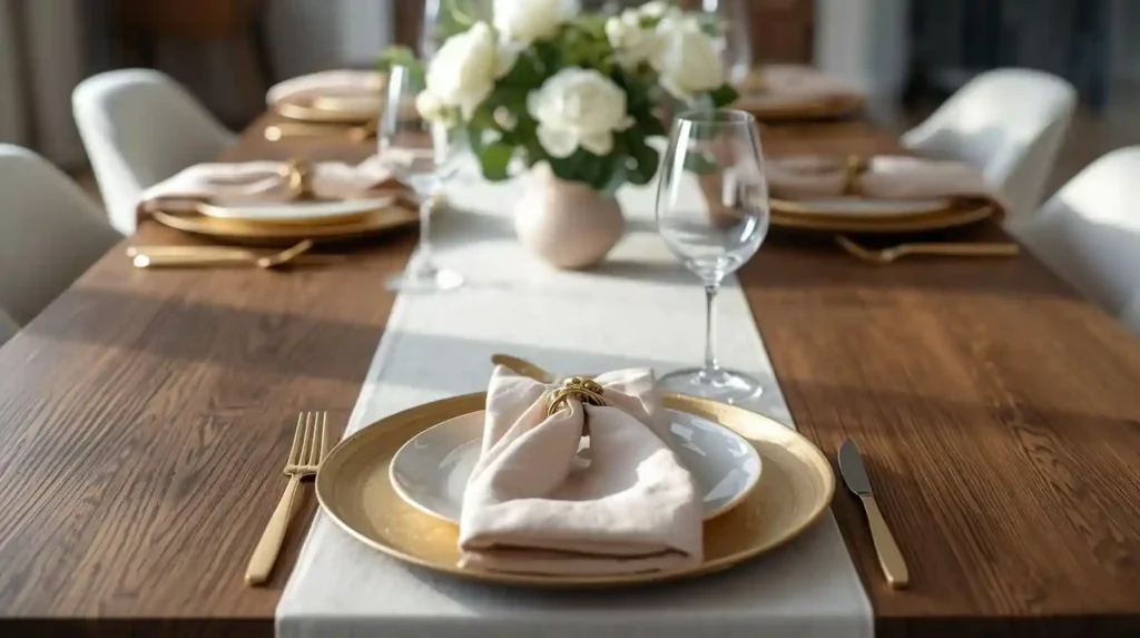 Dark wooden dining table with a white runner, gold chargers, and white roses, illustrating seasonal table setting inspiration.