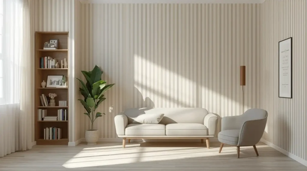 Vertical striped wallpaper in a bright living room with minimalist furniture to make a small living room look bigger