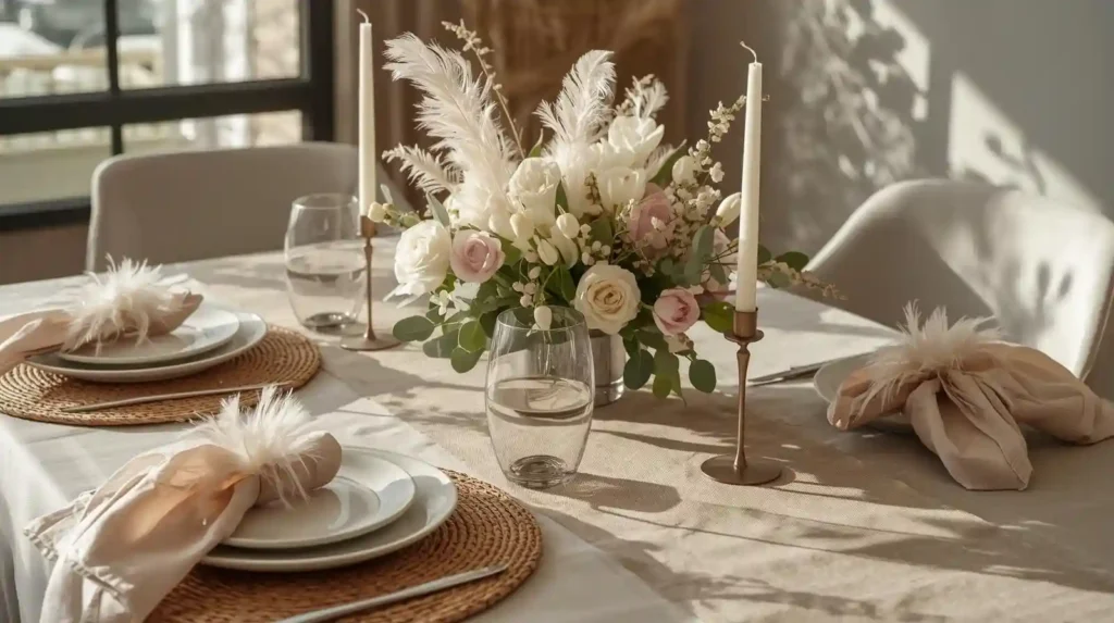 Elegant table setting with white feather napkin rings and floral centerpieces, showcasing vibrant spring tablescape tips for a whimsical look.