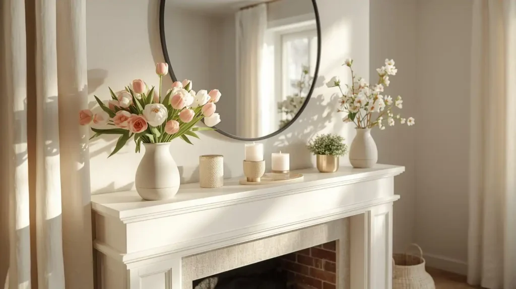 White fireplace mantel with pink tulips, candles, and a round mirror, featuring elegant spring living room decor ideas