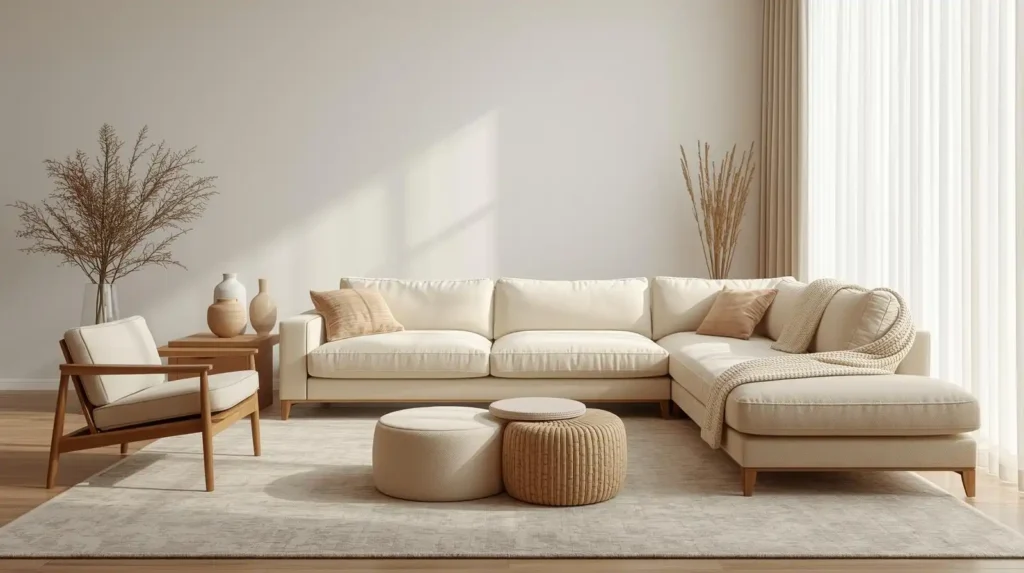 Modern modular sofa with nesting ottomans and wooden accent chair, showcasing a flexible seating arrangement for living rooms.