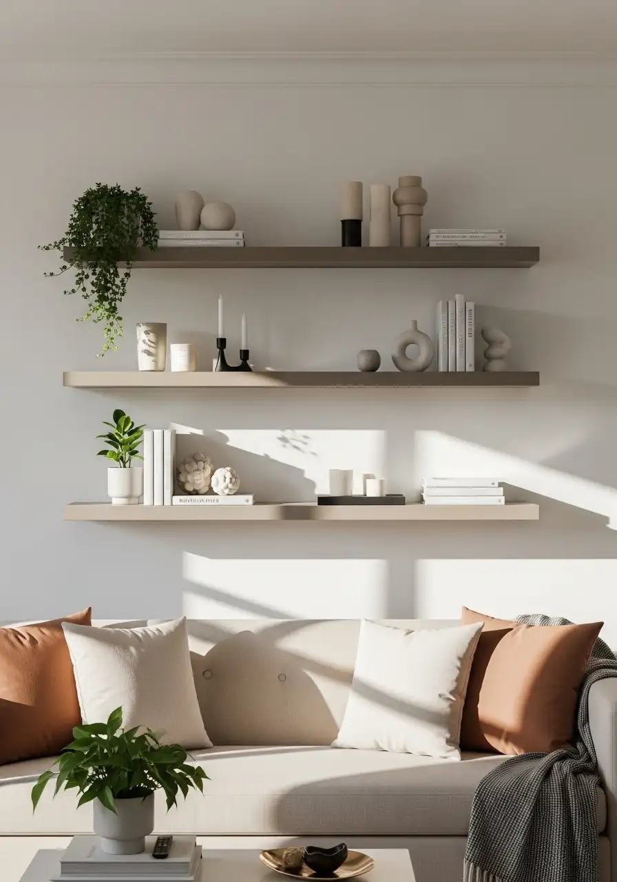Modern floating shelves wall decor ideas for living room decorated with small plants, books, and minimalist sculptures above a cozy sofa.