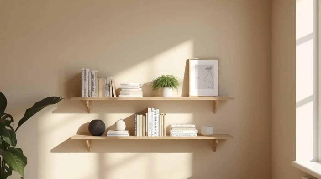 Minimalist wooden floating shelves with books, small plants, and framed art, showcasing stylish interior decor essentials for vertical storage