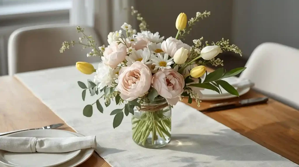 Peach roses and yellow tulips in a glass mason jar centerpiece, illustrating fresh floral centerpieces for dining on a linen runner