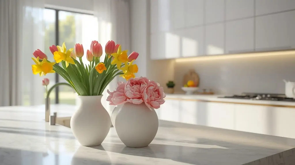 Pink tulips and yellow daffodils in minimalist white vases on a marble island, illustrating a modern kitchen refresh for spring
