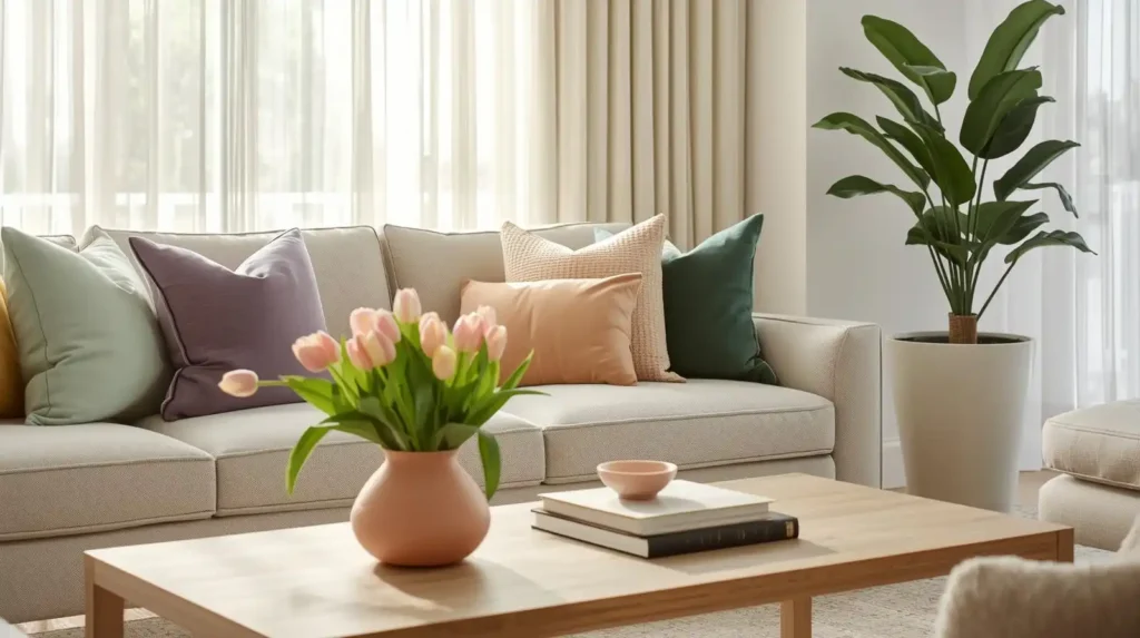 Bright living room featuring a beige sofa with pastel cushions and pink tulips, perfect for spring living room decor ideas