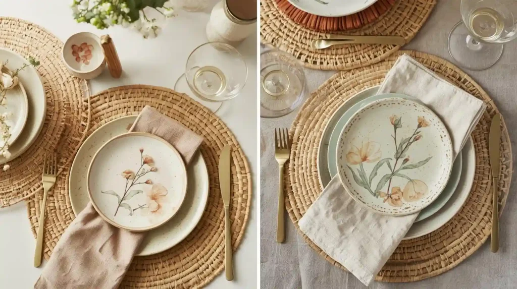 Woven straw placemats with floral-patterned ceramic plates and gold cutlery, showcasing garden-inspired dining table styling for spring