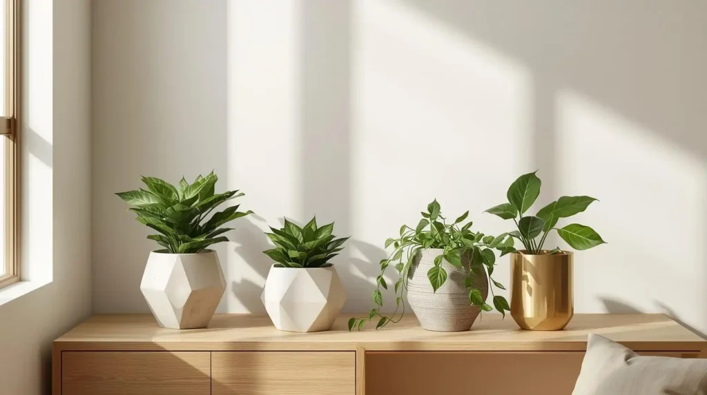Four green indoor plants in geometric white and gold pots on a light wood sideboard, showcasing stylish interior decor essentials