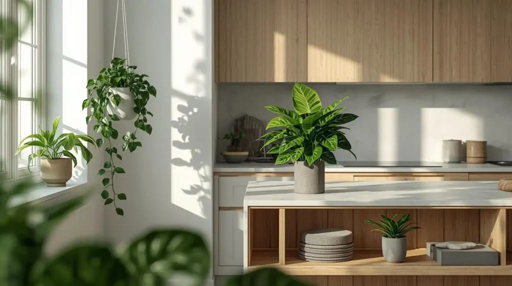 Sunlit kitchen with hanging ivy and potted plants on a white island, showcasing seasonal kitchen styling tips for a natural spring look