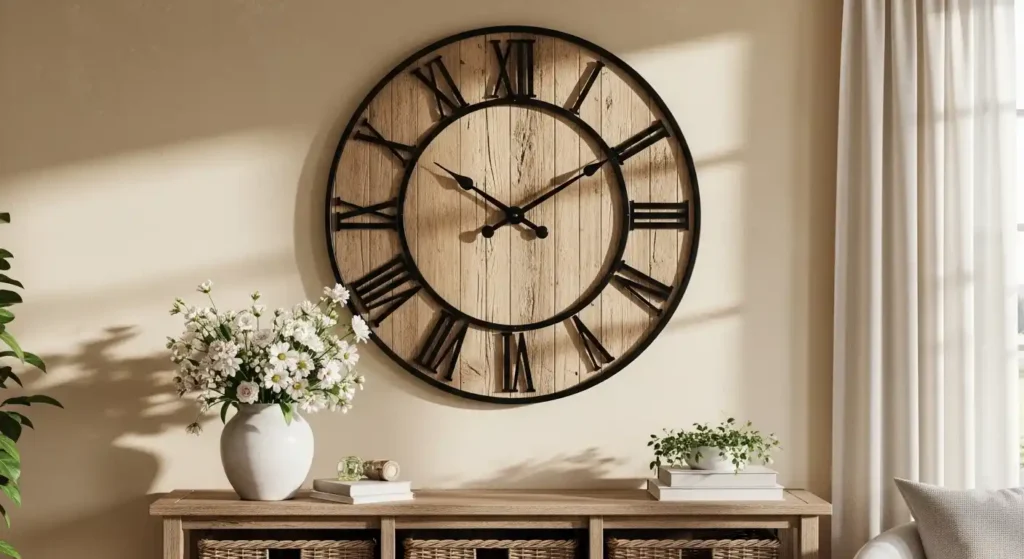 Large rustic wooden wall clock with Roman numerals above a sideboard with white daisies, illustrating rustic spring decor ideas