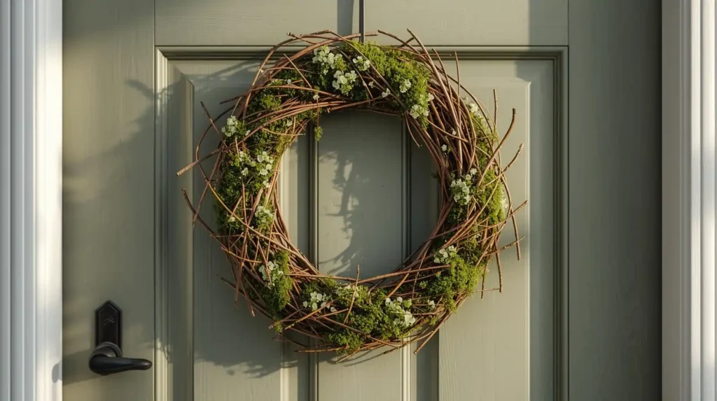 Rustic twig and moss wreath with small white flowers on a sage green front door, showcasing earthy spring home accents