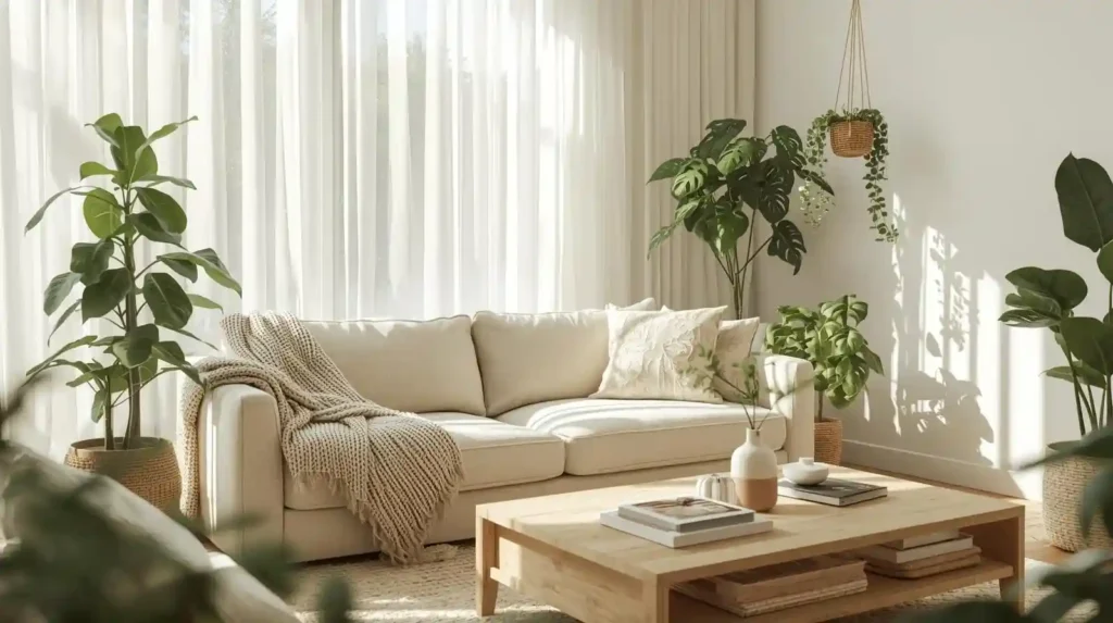 Sun-drenched living room with lush indoor plants and a cream sofa, illustrating easy ways to decorate a living room with greenery