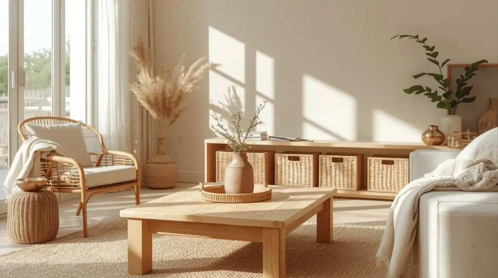 Minimalist living room with rattan furniture and woven baskets, showcasing earthy decoration of a living room for a warm spring vibe.
