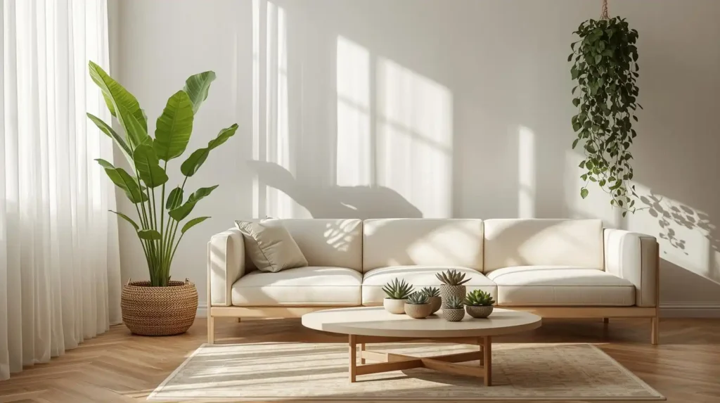 Sunlit lounge with a cream sofa and lush indoor plants, illustrating must-have contemporary home accents for a natural touch