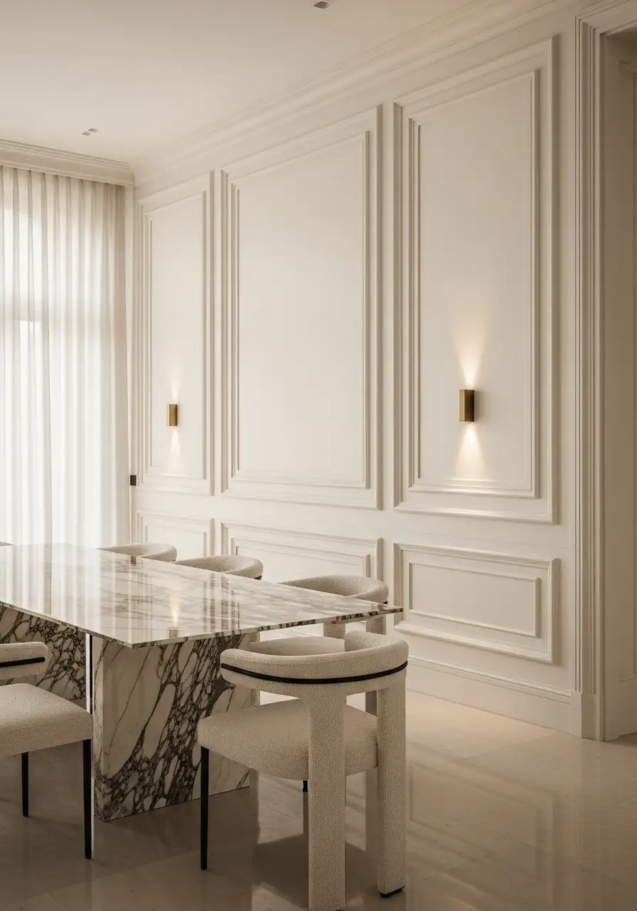 A luxury dining room featuring elegant white wall moulding with rectangular panels and wainscoting. The wall is decorated with modern gold cylinder wall sconces, creating a sophisticated backdrop for a large marble dining table and cream-colored chairs.
