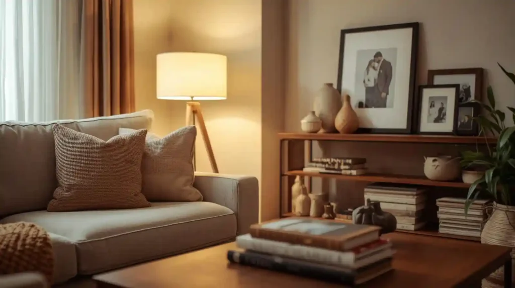 Warm cozy lounge with a tripod floor lamp and wooden console with framed family photos, showcasing contemporary living room aesthetics