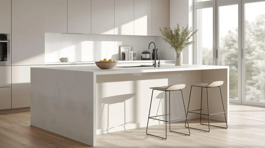 Minimalist white waterfall kitchen island with black bar stools, illustrating modern kitchen refresh for spring in a bright airy space.