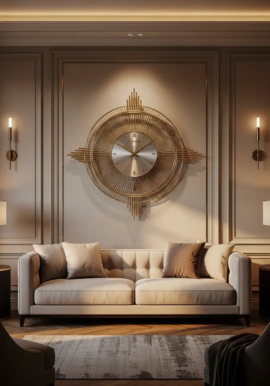Luxury large decorative clocks for wall decoration featuring a grand gold sunburst-style clock as a centerpiece above a tufted sofa in a modern living room.